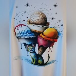 White T-Shirt with Colorful Ice Cream Cat Design